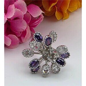 Vintage Rhodium Plated Flower Burst Cocktail Ring 8 Purple & Clear Rhinestones